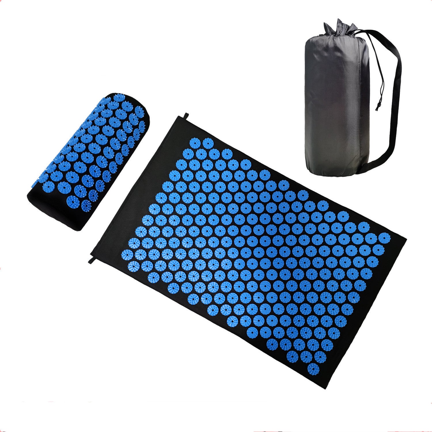 Acupuncture yoga mat with cushioned headrest and carry bag for fitness and relaxation. Ideal for massage therapy and sports recovery.