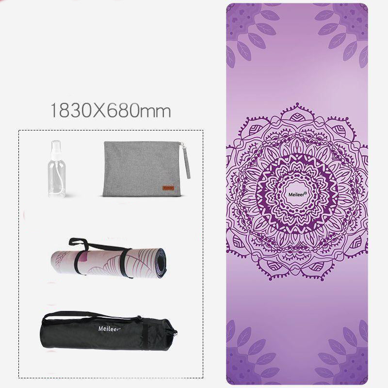 Purple mandala-patterned natural rubber yoga mat, 1830mmx680mm. Includes a carrying bag and pouch for easy portability.