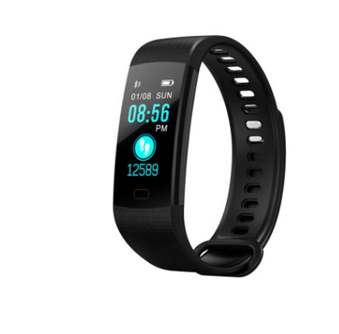 Black smart fitness tracker watch with a sleek design, featuring a heart rate monitor and step tracking functionality.