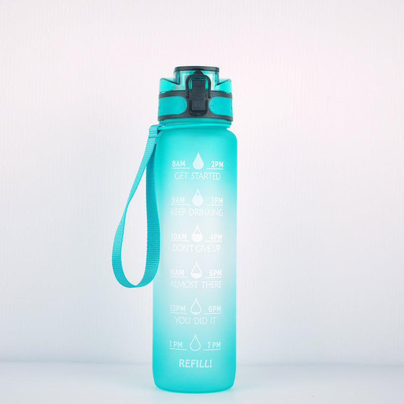 Light blue 1000ml water bottle with time markers, secure flip-top lid, and wrist strap for daily hydration goals.