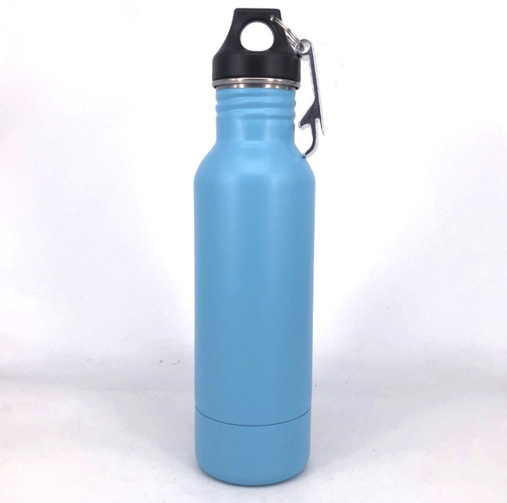 Light blue outdoor sports water bottle with a carabiner clip, made from 304 stainless steel for durability and style.