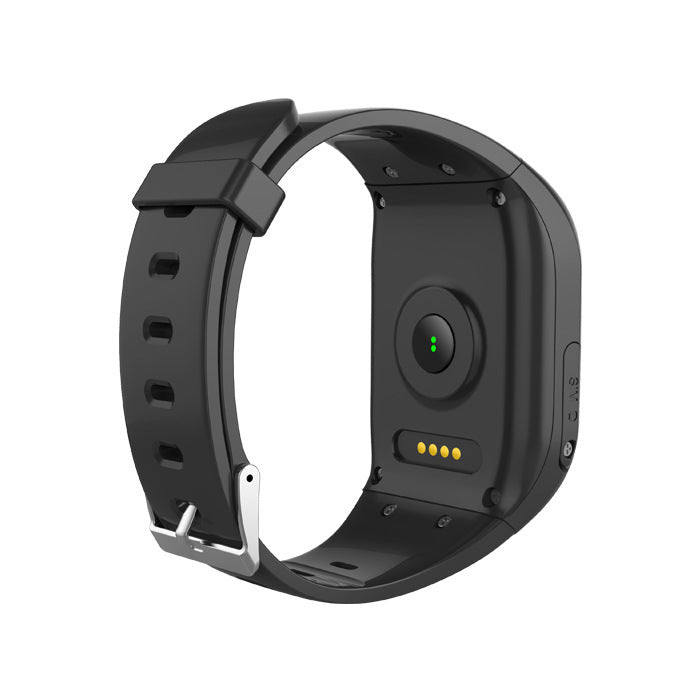 Rear view of elderly positioning bracelet featuring heart rate sensor and charging connectors for senior health monitoring.