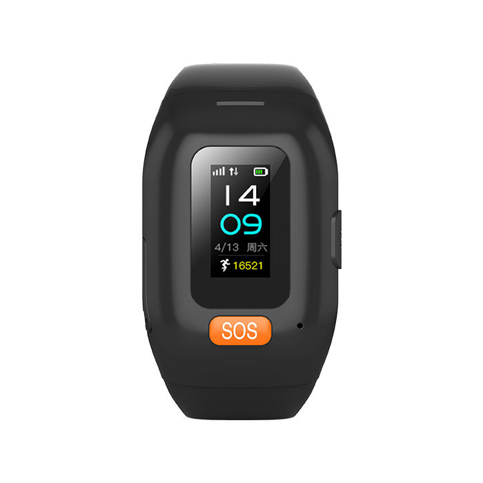 Front view of elderly positioning bracelet with digital time display, step counter, and SOS emergency button for senior care.