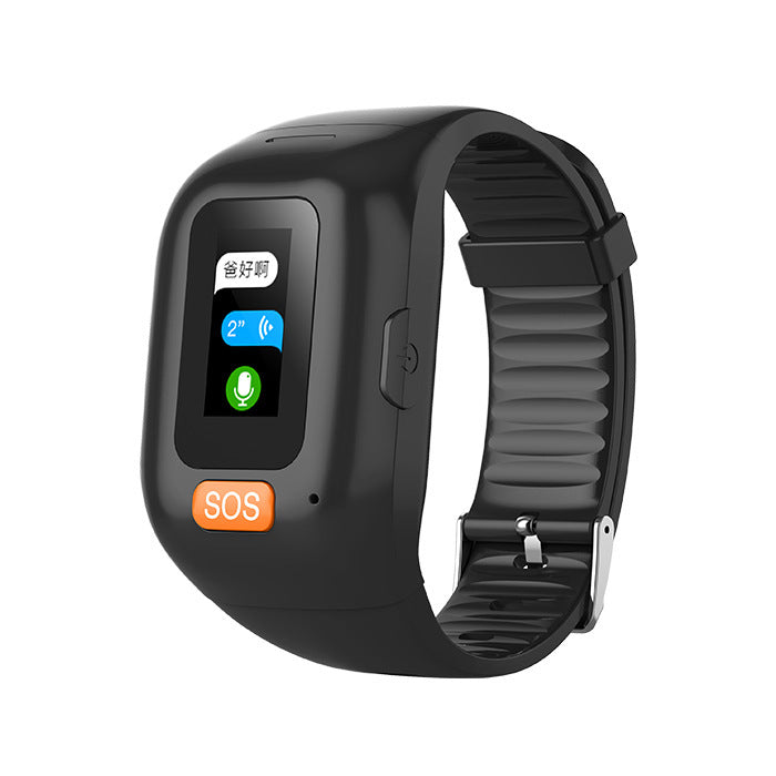 Black elderly call tracker bracelet with two-way communication, SOS button, and GPS positioning for senior safety.