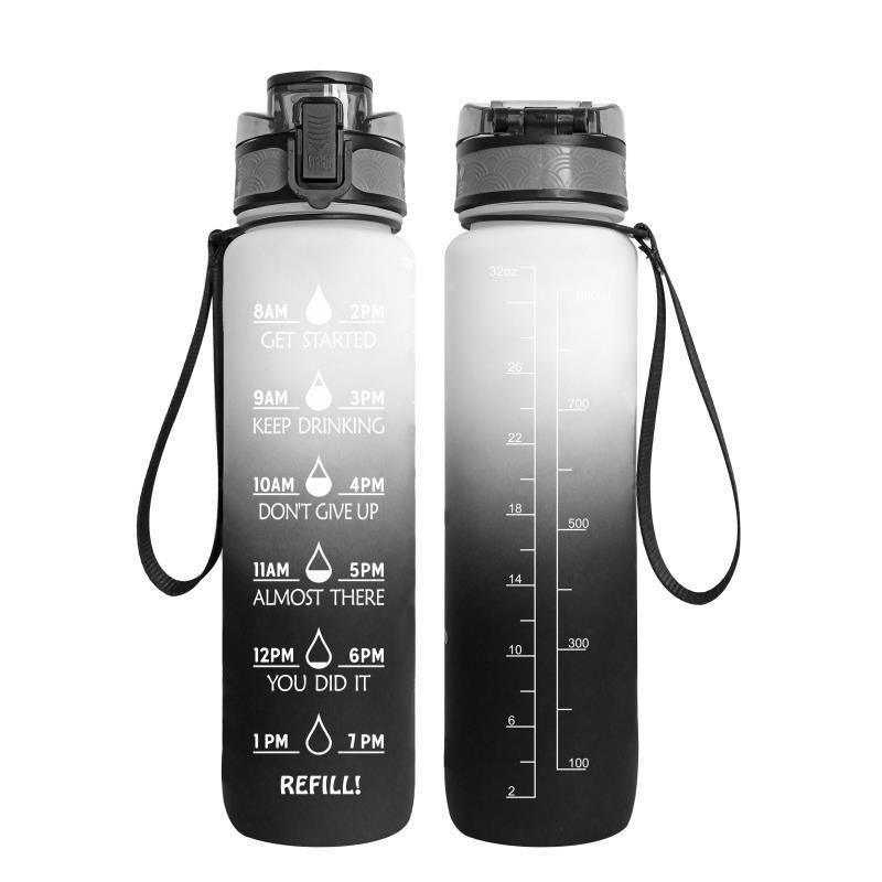 Black gradient 1000ml water bottle with time marker, leakproof lid, and wrist strap for hydration tracking.