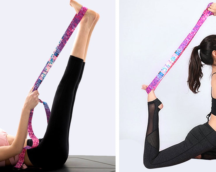 Yoga mat strap assisting in various stretching exercises. Durable cotton material with a colorful geometric pattern for flexibility training.