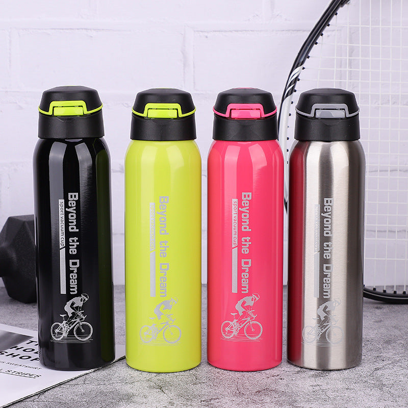 Set of four stainless steel bike water bottles in black, yellow, pink, and silver. Double-walled design with secure flip-top lids for sports and travel.