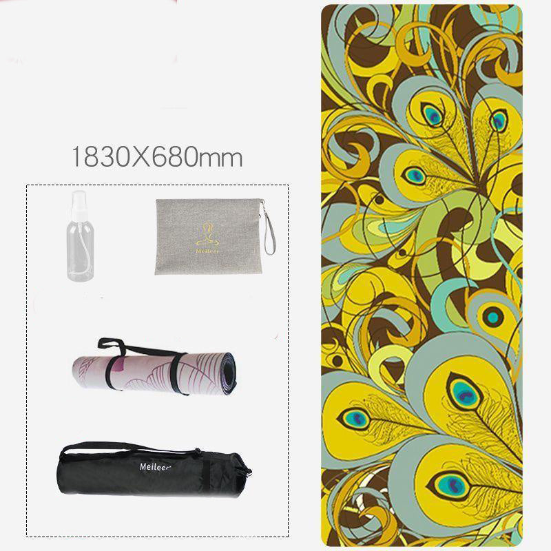 Peacock feather design natural rubber yoga mat, 1830mmx680mm. Comes with a carrying bag and pouch for convenience.