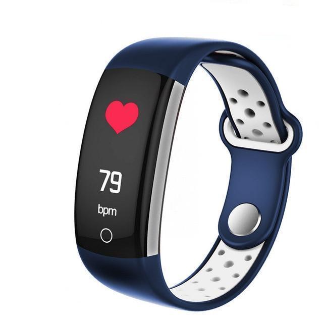 Q6 Fitness Tracker in blue and white, displaying heart rate monitoring on a waterproof smart band with an IP68 rating.