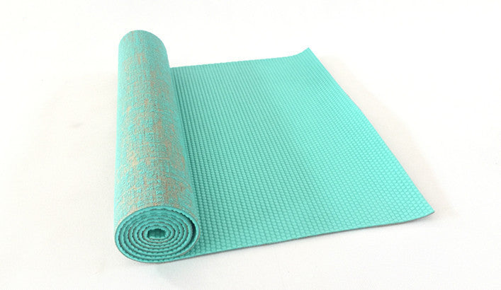 Turquoise sackcloth yoga mat with a jute-textured surface and non-slip PVC base. Designed for stability and comfort during workouts and yoga.