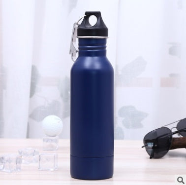 Dark blue outdoor sports water bottle with a secure screw cap and carabiner clip, perfect for hiking and gym use.