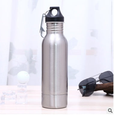 Stainless steel outdoor sports water bottle with a black cap and carabiner clip, ideal for outdoor and fitness activities.