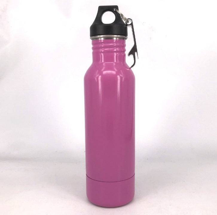 Pink outdoor sports water bottle with a carabiner clip, designed for travel, fitness, and outdoor adventures.