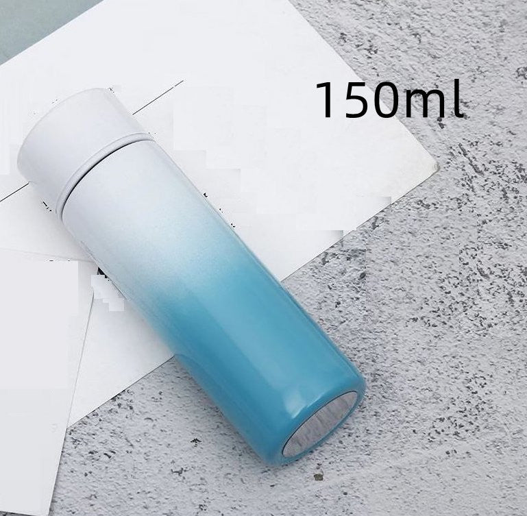 150ml blue and white gradient stainless steel vacuum flask with temperature display, ideal for travel and beverage storage. Insulated for 6-12 hours.