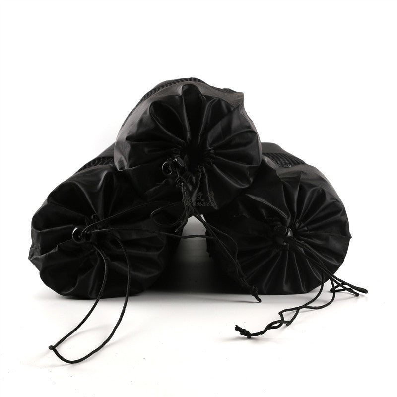 Three microfiber yoga mats stored in black drawstring bags. Convenient for carrying and protecting mats during travel and storage.