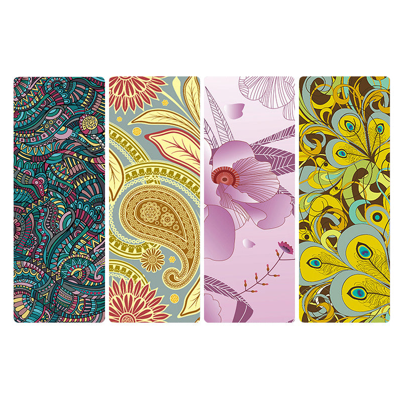 Set of four natural rubber yoga mats with unique artistic patterns. Each mat is 1830mmx680mm, providing excellent support for yoga sessions.