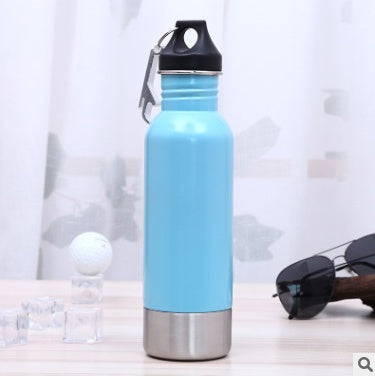 Light blue and stainless steel outdoor sports water bottle with a carabiner clip, perfect for travel and sports use.