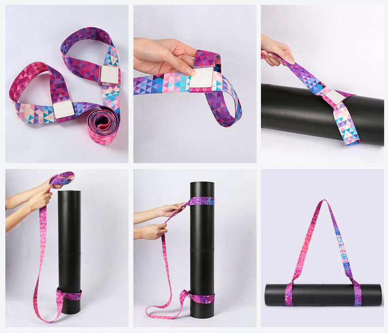 Versatile yoga mat strap shown in different uses. Functions as a carrying strap and stretching aid with a vibrant geometric pattern.