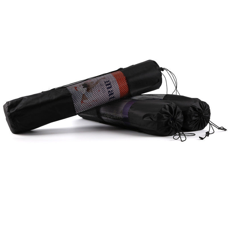 Three microfiber yoga mats packed in black mesh storage bags with drawstring closures. Lightweight and portable for yoga and fitness enthusiasts.