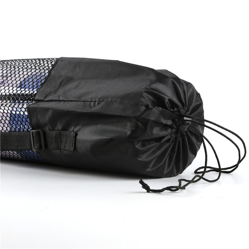 Close-up of a microfiber yoga mat inside a black mesh storage bag with drawstring closure. Ideal for easy transport and ventilation.