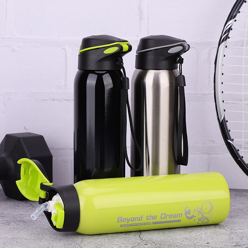 Three stainless steel bike water bottles in black, silver, and yellow with flip-top lids. Ideal for cycling, travel, and outdoor hydration needs.