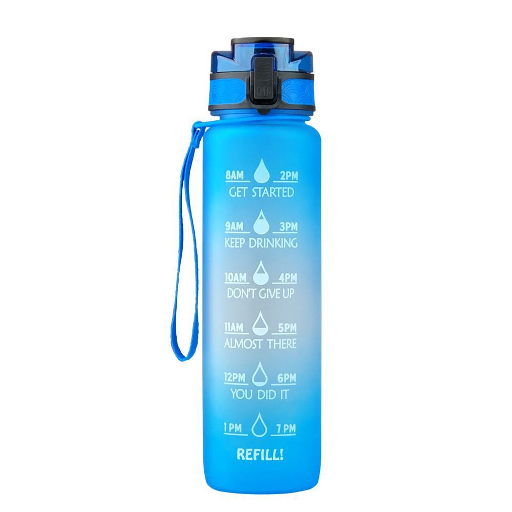 Blue 1000ml water bottle with motivational time markers, flip-top lid, and wrist strap for daily hydration goals.