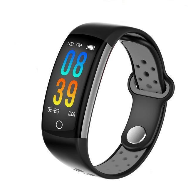 Q6 Fitness Tracker in black and gray, featuring a 0.96-inch LCD screen, waterproof design, heart rate monitoring, and IP68 rating.