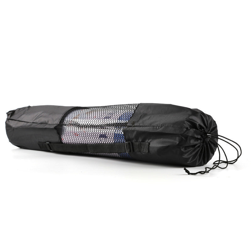 Microfiber yoga mat stored in a black mesh carry bag with adjustable strap. Ideal for easy transport and storage after workouts.