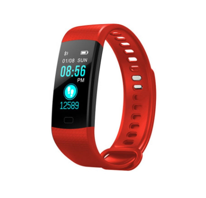 Red smart fitness tracker watch with a color screen, heart rate monitor, and step tracking for an active lifestyle.