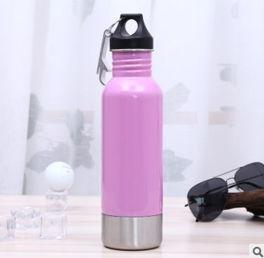 Pink and stainless steel outdoor sports water bottle with a carabiner clip, combining style and functionality.