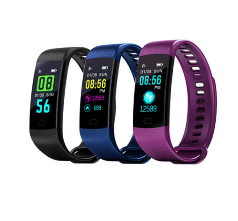 Smart fitness tracker watch with a color screen, heart rate monitor, and activity tracking in black, blue, and purple variants.