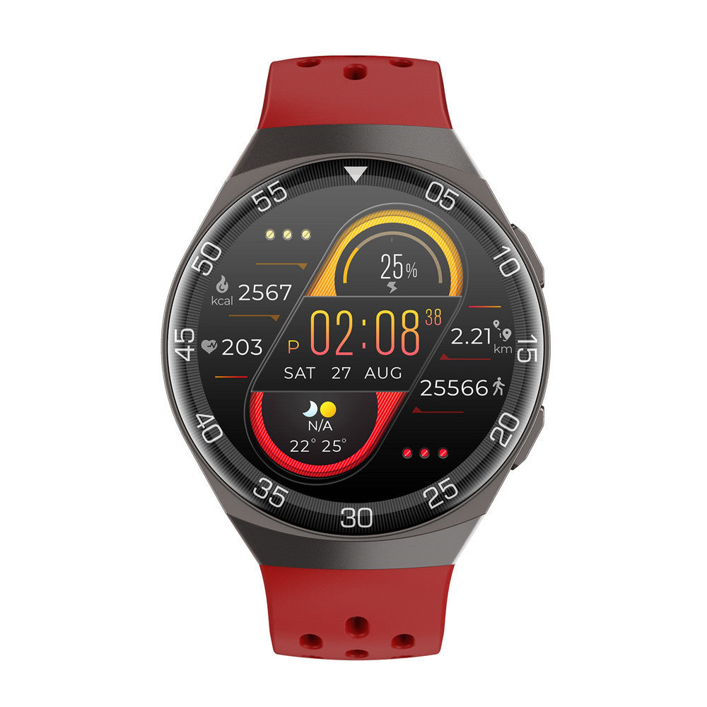 Red strap men's smart watch with fitness tracking, heart rate monitor, IP68 waterproof rating, and 1.28-inch HD display for health monitoring.