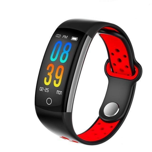 Q6 Fitness Tracker with a 0.96-inch LCD screen, black and red waterproof smart band featuring heart rate monitoring and IP68 rating.