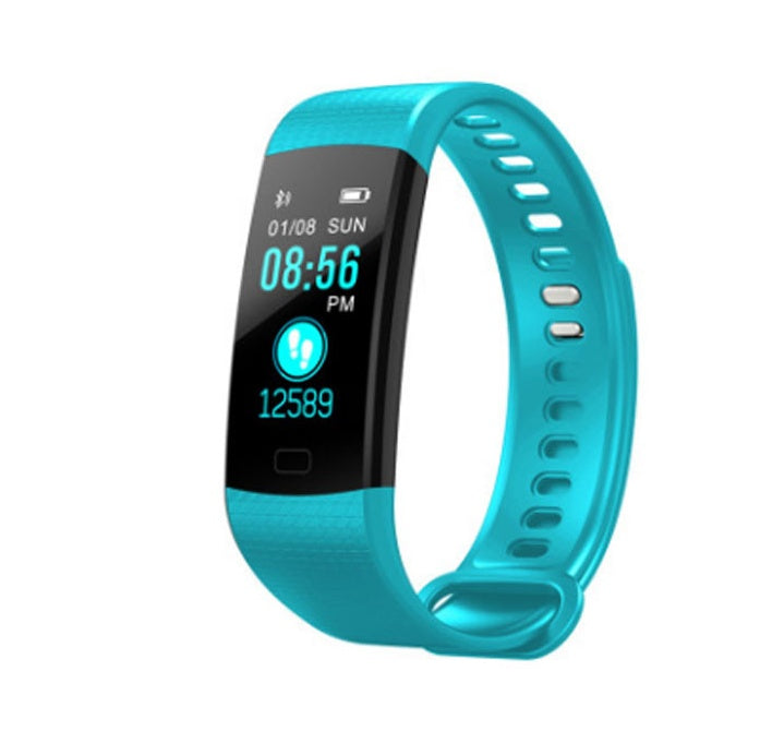 Turquoise smart fitness tracker watch with a vibrant design, offering heart rate monitoring and step tracking.