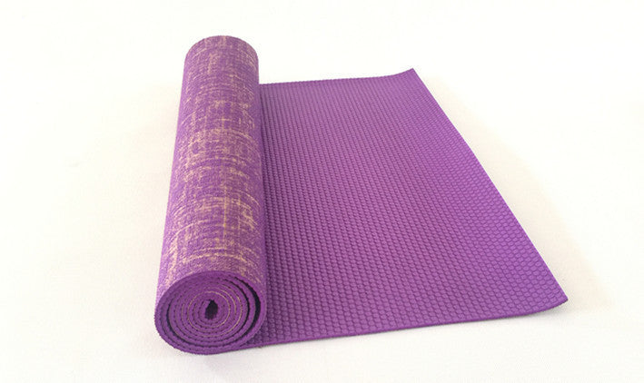 Purple sackcloth yoga mat with a jute-textured surface and non-slip PVC base. Provides excellent grip and cushioning for yoga and exercise.