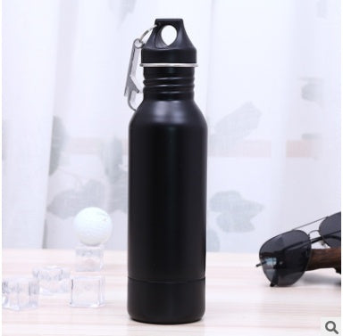 Black outdoor sports water bottle with a carabiner clip and stainless steel body, ideal for travel and fitness activities.