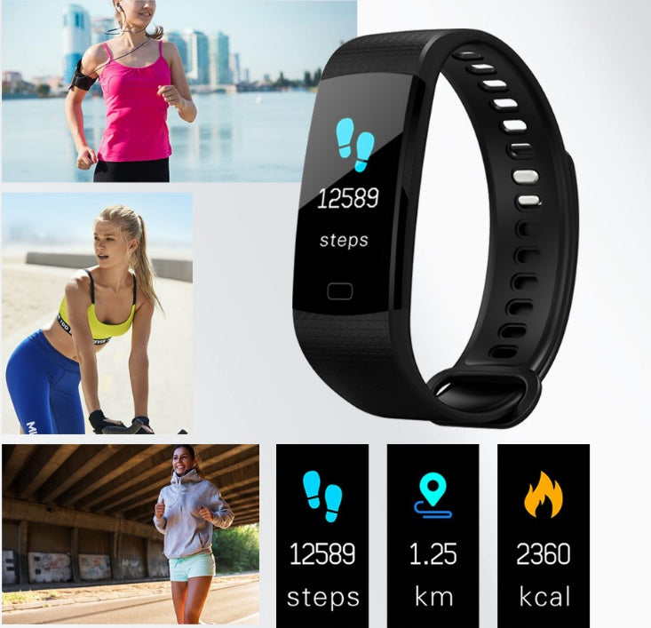 Black smart fitness tracker watch displaying step count, distance, and calories burned, perfect for tracking daily activities.