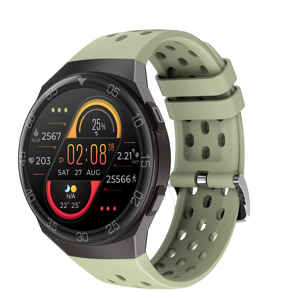 Men's fitness tracker smart watch with 1.28-inch HD screen, green perforated strap, IP68 waterproof, heart rate and sleep monitor.