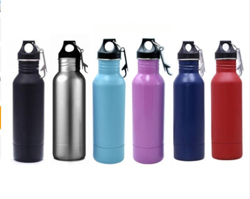 Set of six outdoor sports water bottles in various colors, featuring a carabiner clip and durable stainless steel construction.