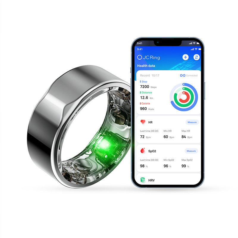 2301A Smart Health Ring fitness tracker with heart rate and sleep monitoring, displayed alongside a smartphone app interface for real-time health data.