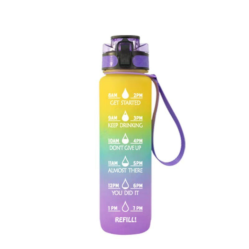 Purple and yellow gradient 1000ml water bottle with time markers, secure flip-top lid, and wrist strap for easy carrying.