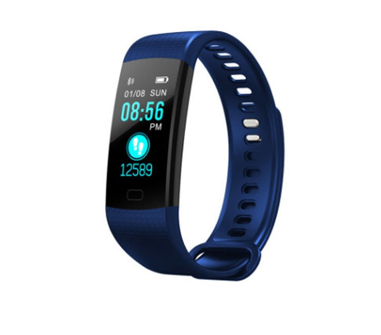 Blue smart fitness tracker watch with a stylish design, featuring heart rate monitoring and activity tracking features.