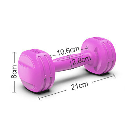 Pink home fitness dumbbell with dimensions labeled, featuring a PE material build with an iron sand mixture. Ideal for women's strength training workouts.