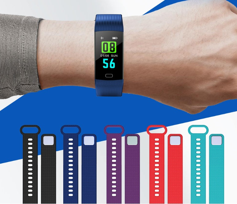 Smart fitness tracker watch with multiple strap color options, offering customizable style and advanced activity tracking.