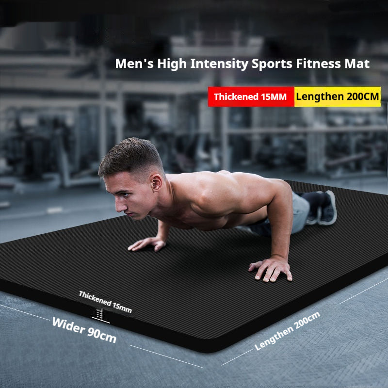 Men's high-intensity sports fitness mat with 15mm thickness and 200cm length. Designed for enhanced comfort and durability during workouts.