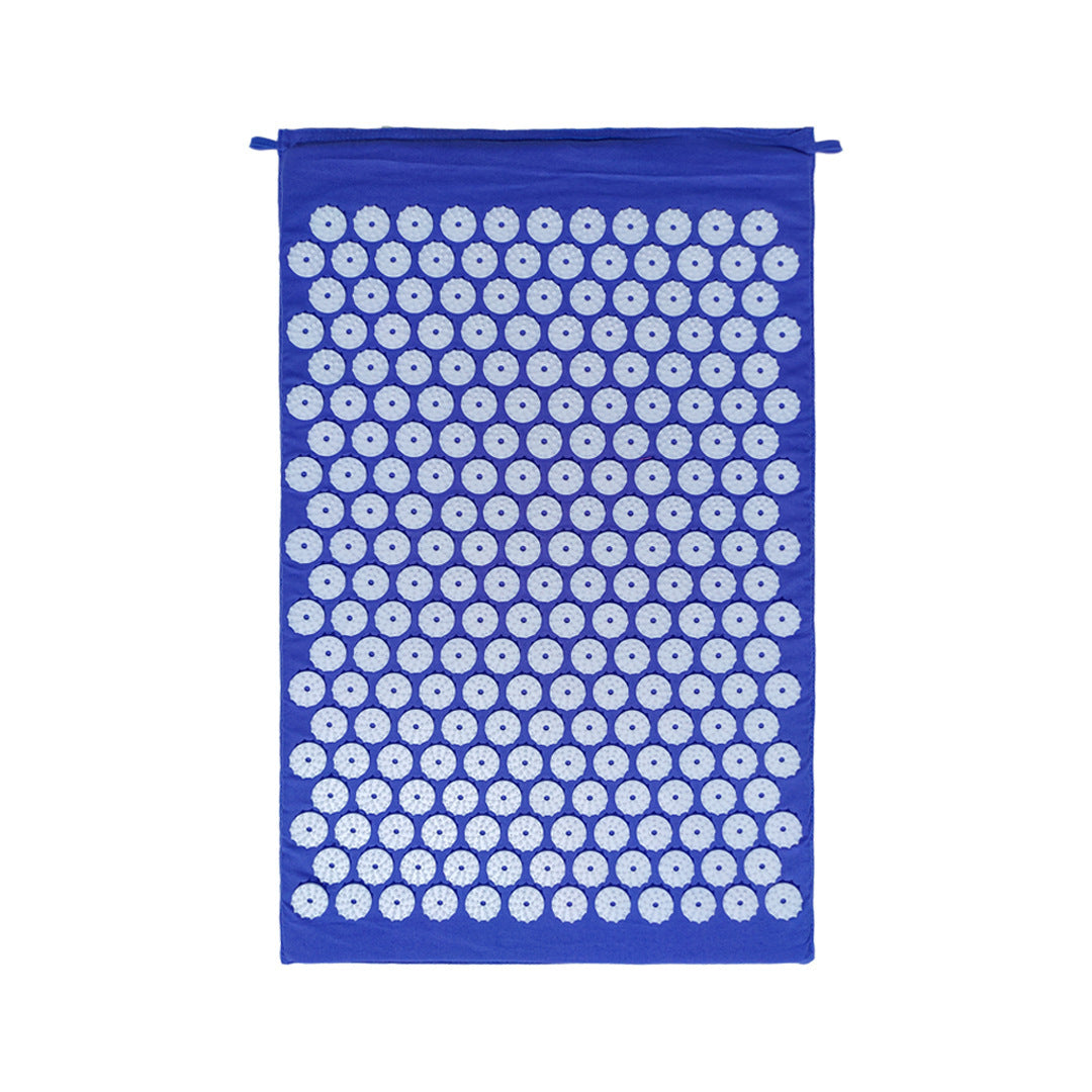 Blue acupuncture yoga mat with pressure point nodes for pain relief and relaxation. Great for fitness, massage, and sports therapy.