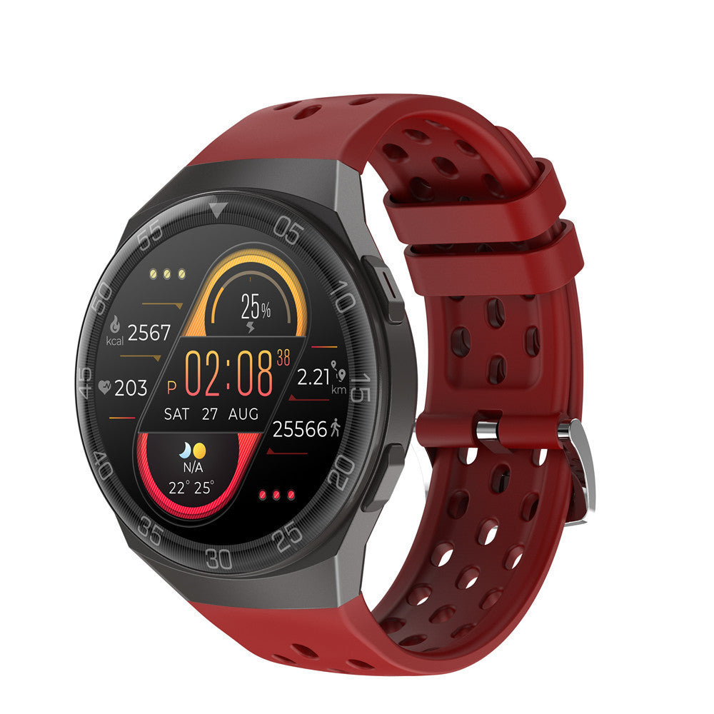 Smart watch for men with red strap, fitness tracker, heart rate monitor, waterproof design, and 1.28-inch HD screen for health monitoring.