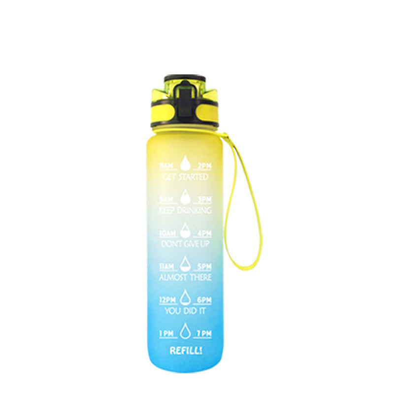 Yellow and blue gradient 1000ml water bottle with time markers, secure lid, and wrist strap for hydration tracking.