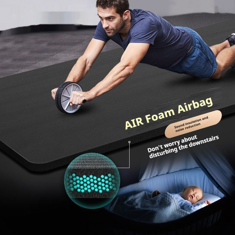 Black fitness yoga mat with air foam airbag technology for sound insulation and noise reduction. Ensures a quiet workout without disturbing others.